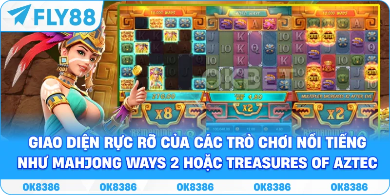 Hình ảnh giao diện rực rỡ của các trò chơi nổi tiếng như Mahjong Ways 2 hoặc Treasures of Aztec